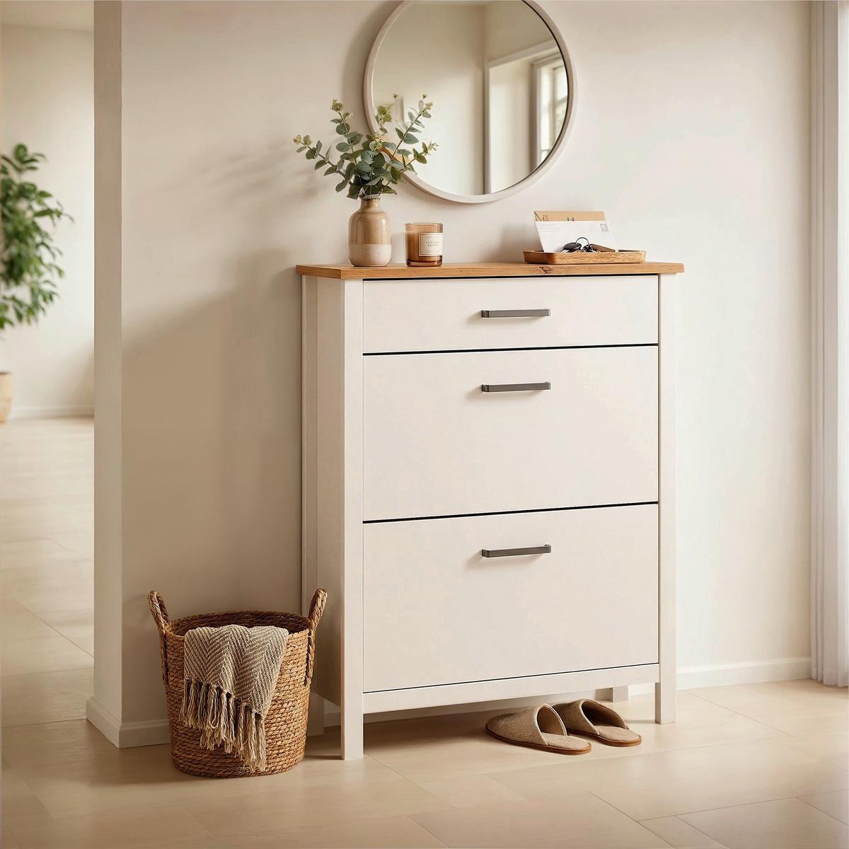 Schuhkipper Sicilia Weiß/Eiche - Silberfarben/Weiß, ROMANTIK / LANDHAUS, Holzwerkstoff/Metall (103/129/45cm) - Mömax