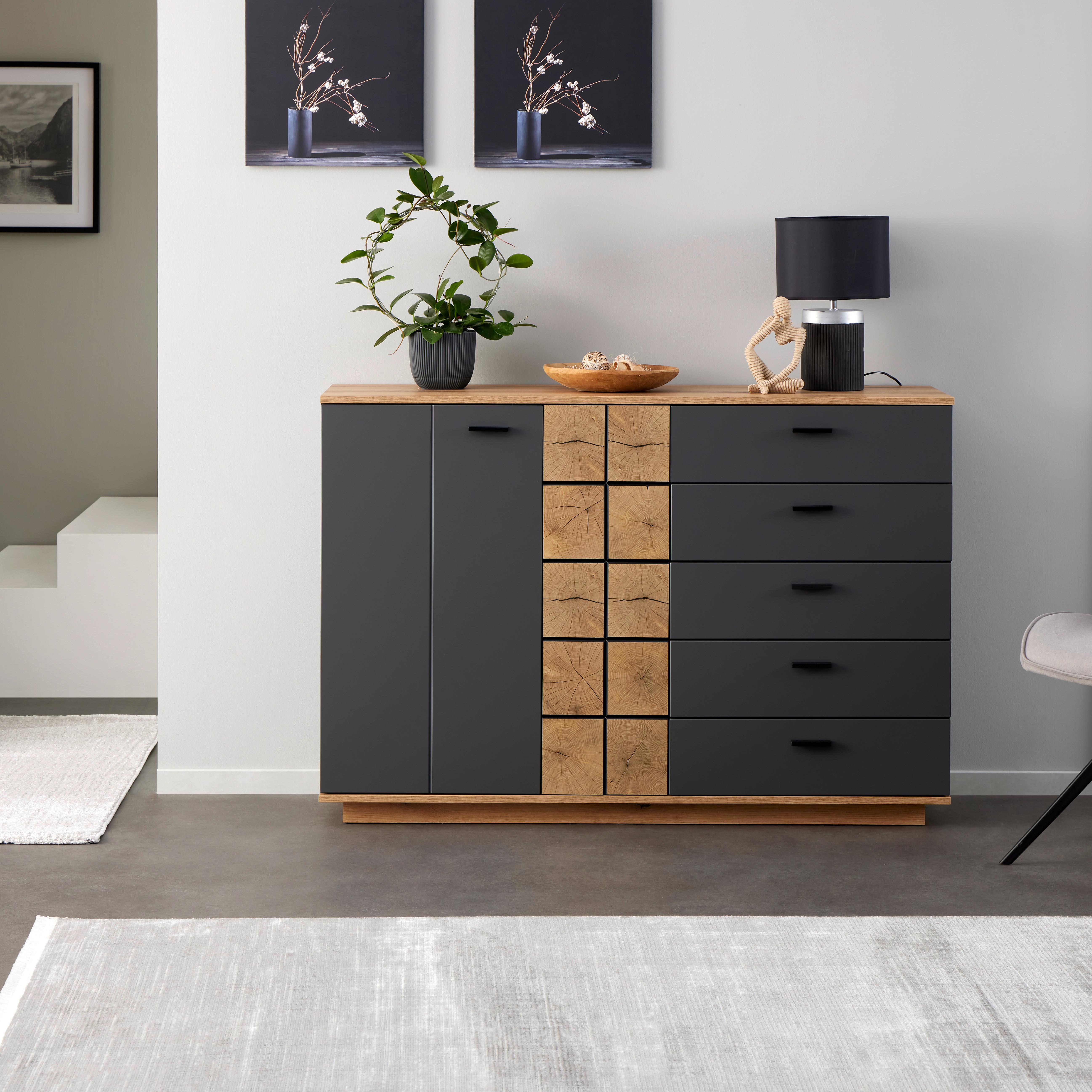 Komoda Oreta Antracit - črna/barve hrasta, Moderno, umetna masa/leseni material (136,1/95/40cm)