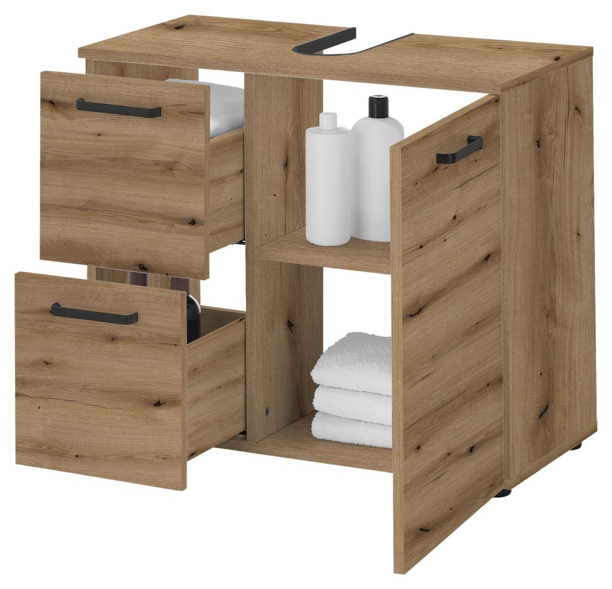 SZAFKA POD UMYWALKĘ VANICE - kolor dębowy/czarny, Modern, materiał drewnopochodny/tworzywo sztuczne (70/60/35cm) - MID.YOU