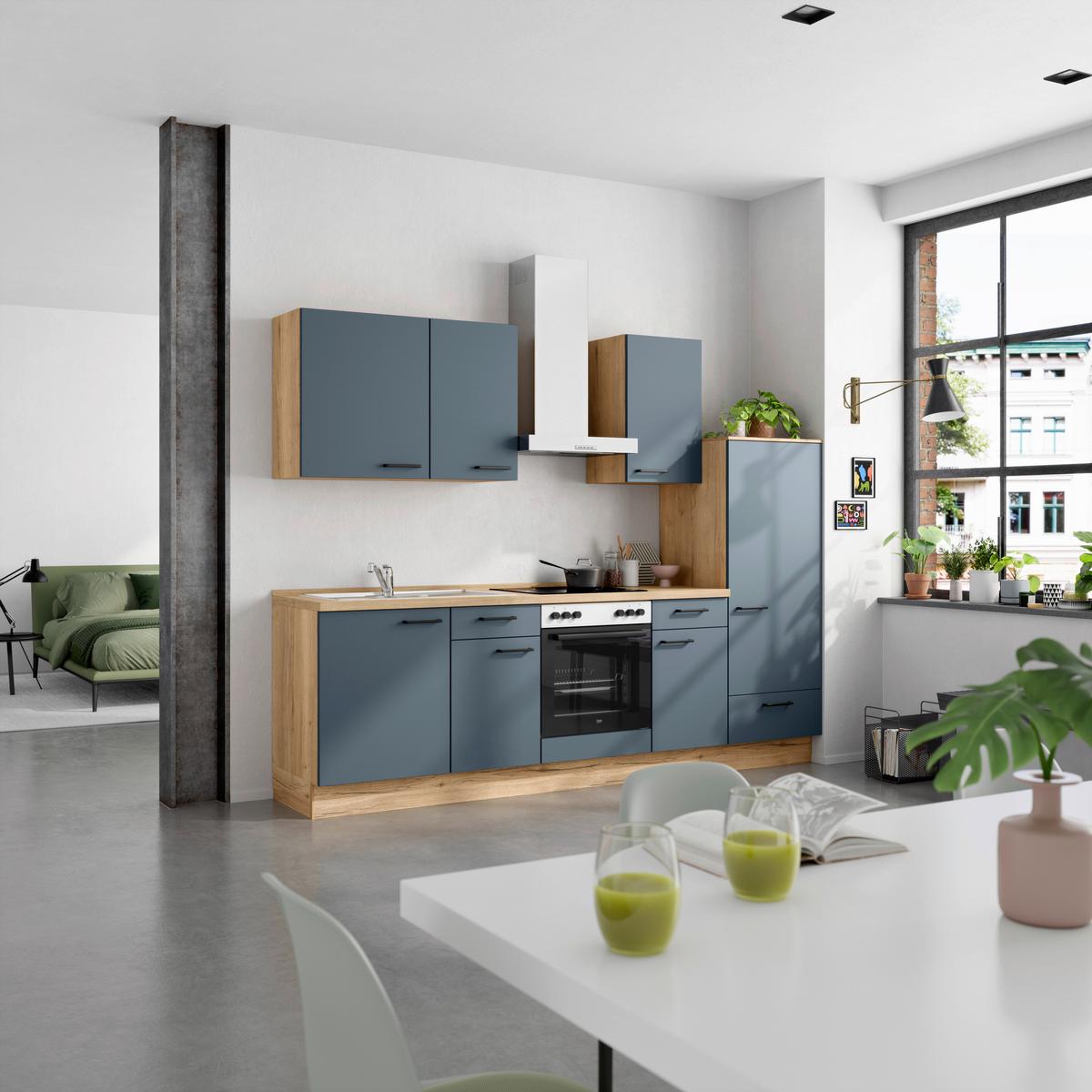 Küchenblock Easytouch Low m. Geräten Blau - Blau/Eichefarben, MODERN, Holzwerkstoff/Metall (270cm) - Nobilia