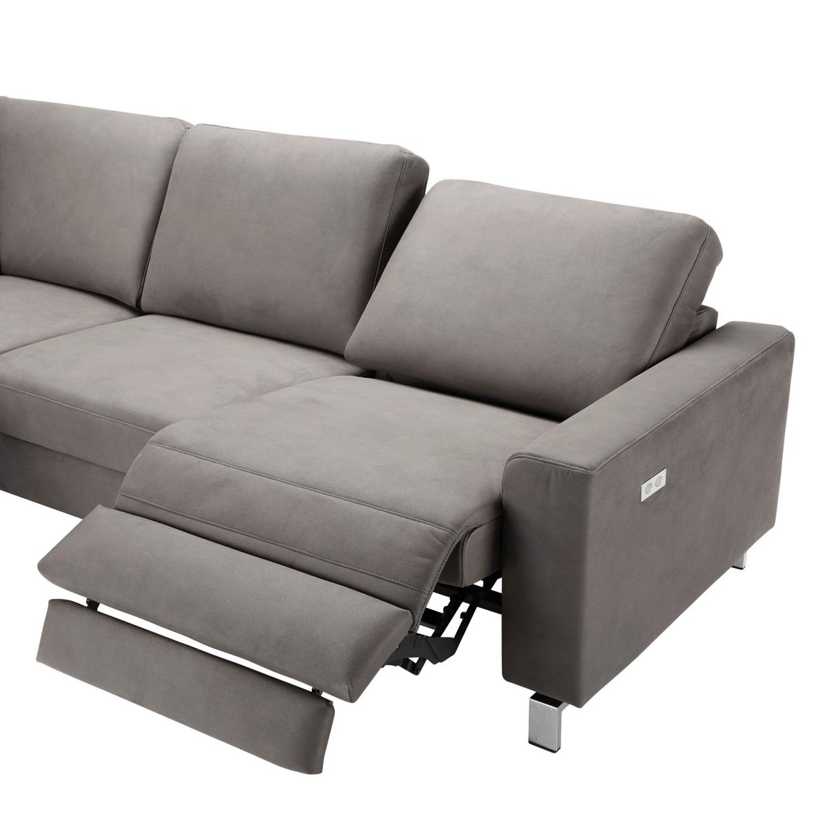Ecksofa in Anthrazit mit Relaxfunktion - Chromfarben/Beige, Konventionell, Textil/Metall (263/89/220cm) - Premium Living