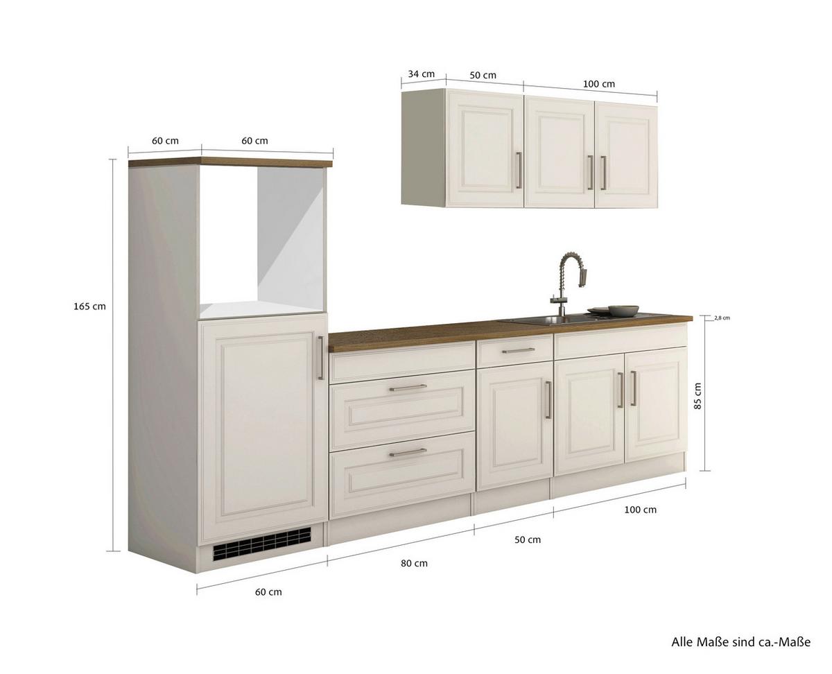 Küchenleerblock Rom o. Geräte Weiß/Eichefarben - Alufarben/Weiß, MODERN, Holzwerkstoff/Metall (290cm) - Held