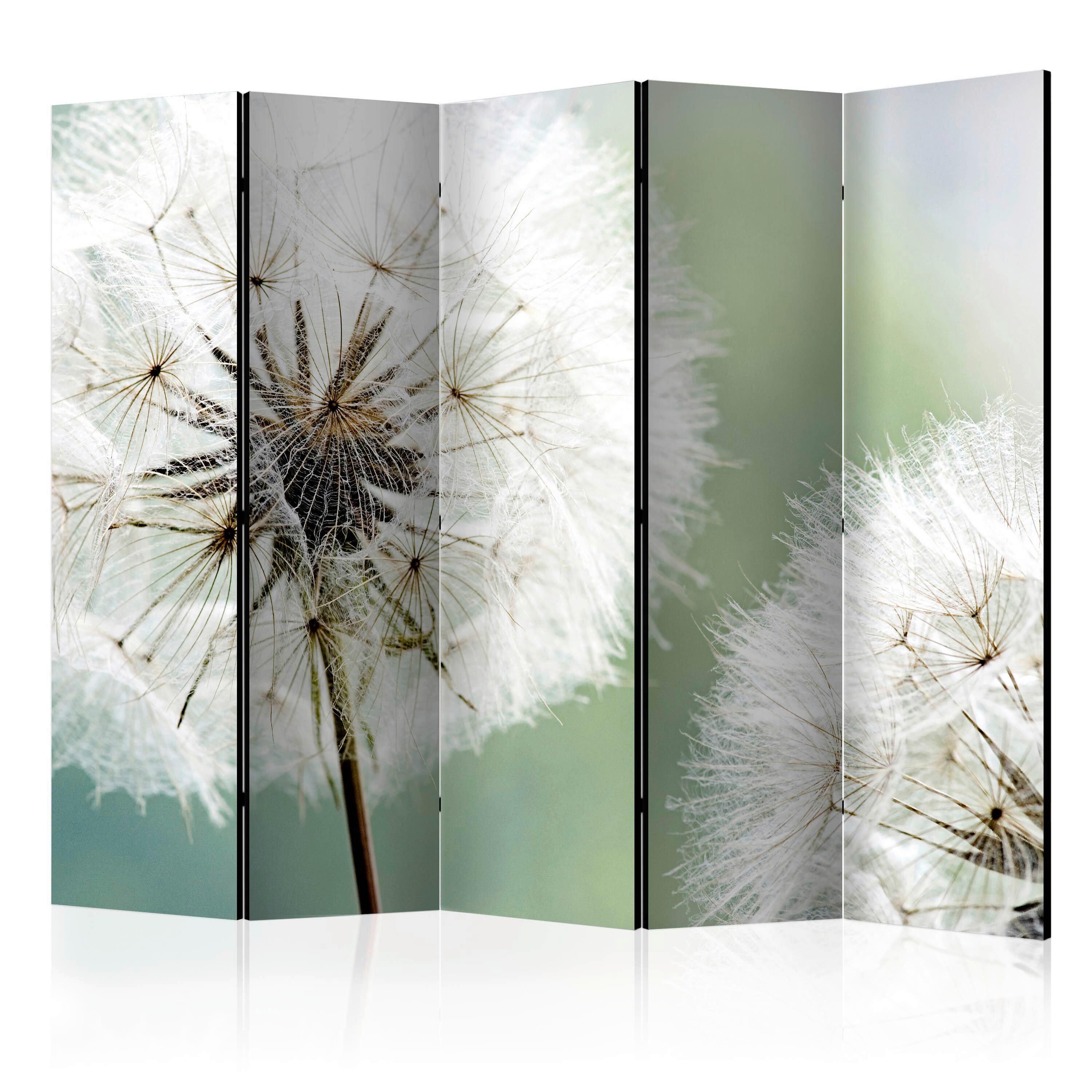 Paravan Two Dandelions I, 5-Delni, Dvostranski - bela/žajbljevo zelena, Basics, tekstil/les (225/172/3cm) - artgeist