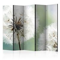 Paravan Two Dandelions I, 5-Delni, Dvostranski - bela/žajbljevo zelena, Basics, tekstil/les (225/172/3cm) - artgeist