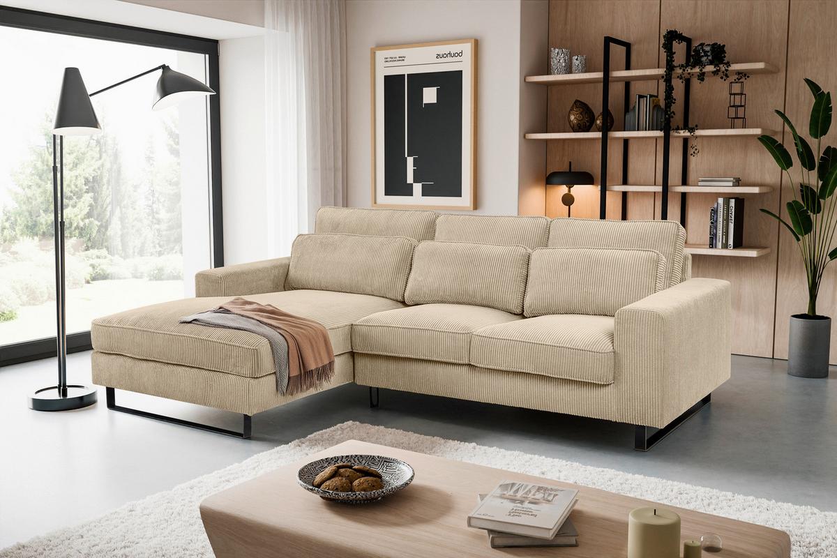 Ecksofa Bolivia Beige Cord - Beige/Schwarz, Basics, Holzwerkstoff/Textil (276/183cm) - MID.YOU