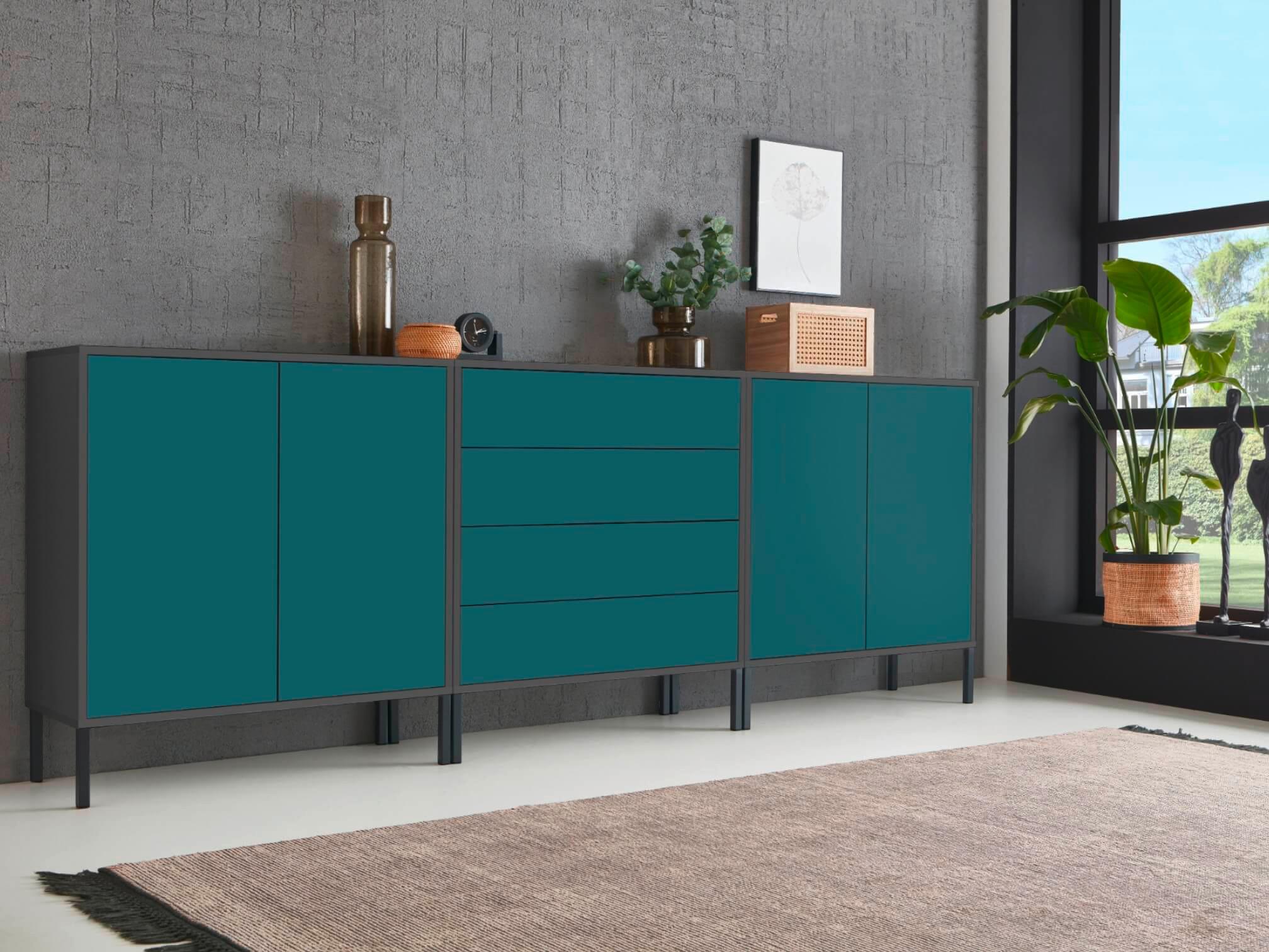 Sideboard Mailand Set 5 Anthrazit/Petrol - Anthrazit/Petrol, MODERN, Holzwerkstoff/Metall (237/86/33cm) - MID.YOU