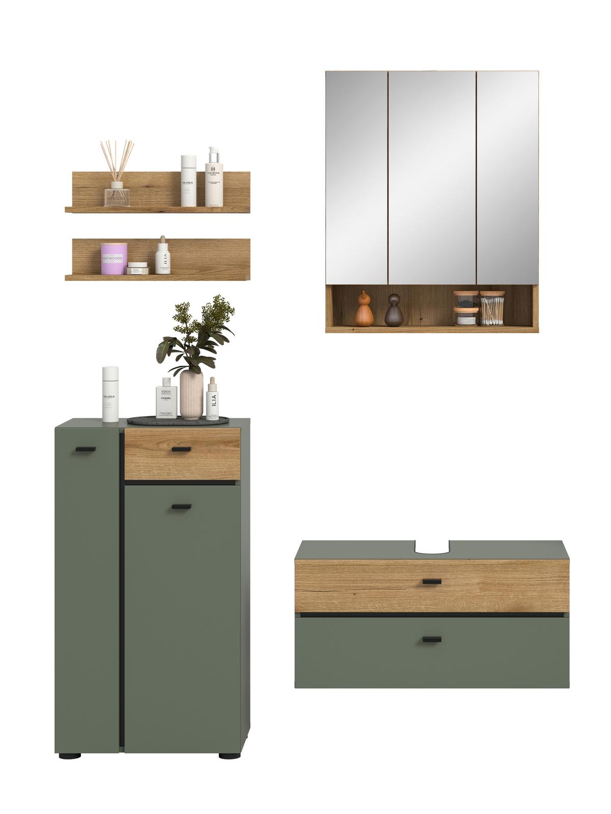 Badezimmer Aqua Grün/Eichefarben 4-teilig - Eichefarben/Schwarz, Trend, Glas/Holzwerkstoff (126cm) - MID.YOU