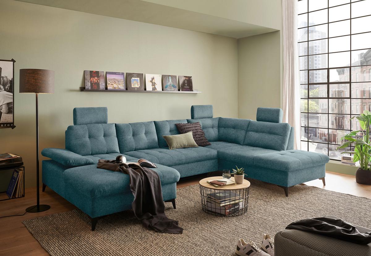 Wohnlandschaft Durban U ca. 170x324x218 cm Eisblau - Blau/Schwarz, KONVENTIONELL, Kunststoff/Textil (170/324/218cm) - MID.YOU