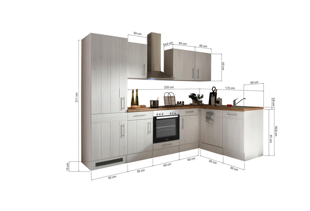 Eckküche Anton Landhaus ohne Geräte ca. 280x172cm Weiß - Wildeiche/Edelstahlfarben, Basics, Holzwerkstoff/Metall (280/172cm) - Respekta