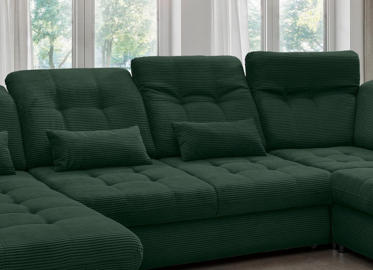 Wohnlandschaft Rigatti Dunkel Grün Cord mit Bettkasten - Dunkelgrün/Schwarz, MODERN, Textil/Metall (252/387/184cm) - Livetastic