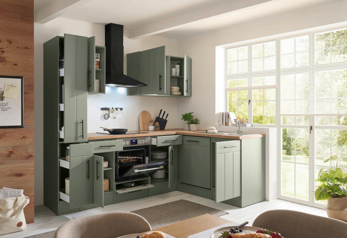 Eckküche Anton m. Geräte ca. 250x172cm Eiche/Schilfgrün - Schilfgrün/Wildeiche, Trend, Holzwerkstoff/Metall (250/172cm) - Respekta