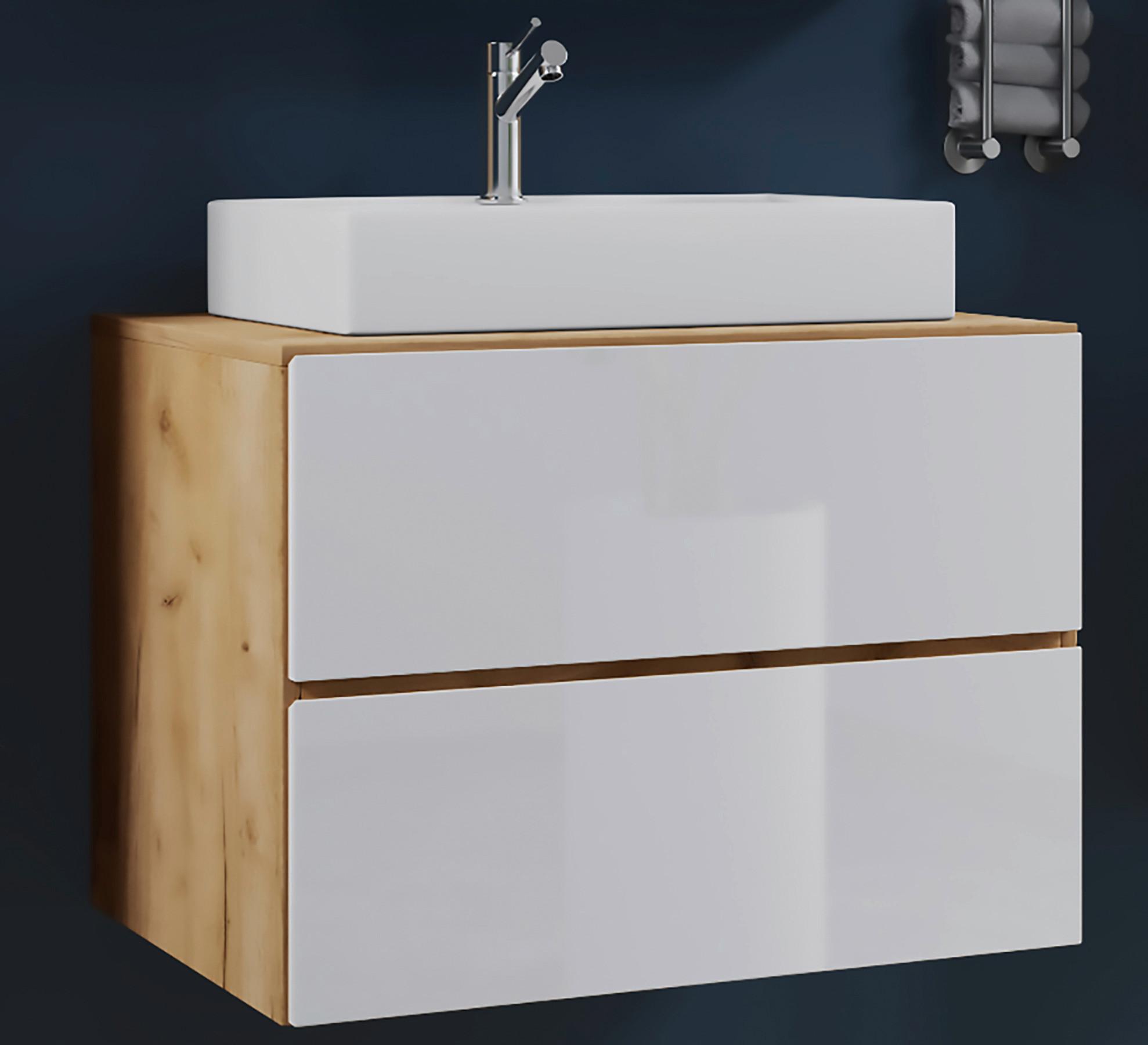 Waschtischkombi Lendas 2-tlg. ca. 80 cm Weiß/Honigeiche - Honigeiche/Weiß, MODERN, Keramik/Holzwerkstoff (80/64,2/51,4cm) - MID.YOU