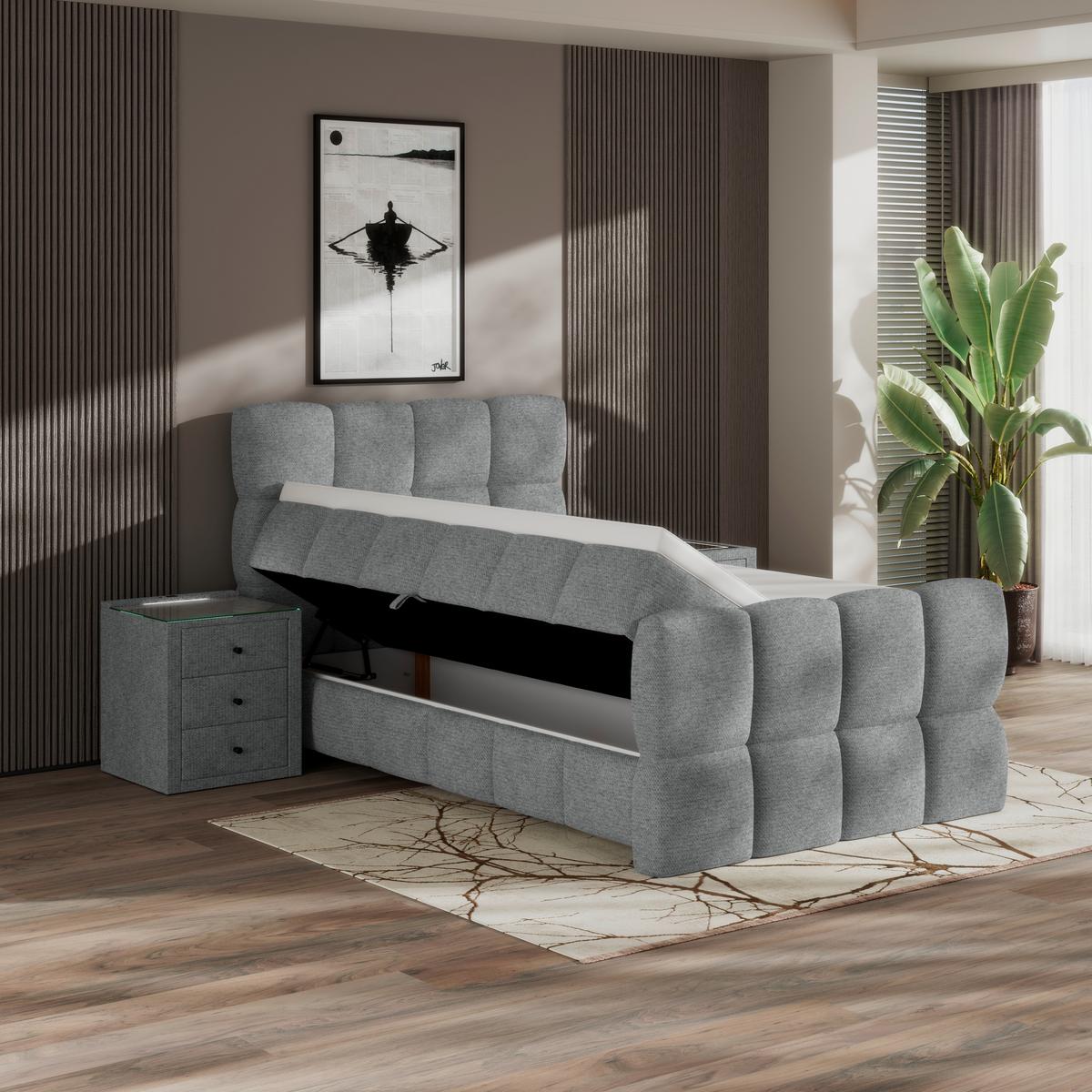 Postelja Boxspring Brisbane, Siva, 140x220 - siva/črna, Trend, kovina/umetna masa (140/220cm) - Premium Living
