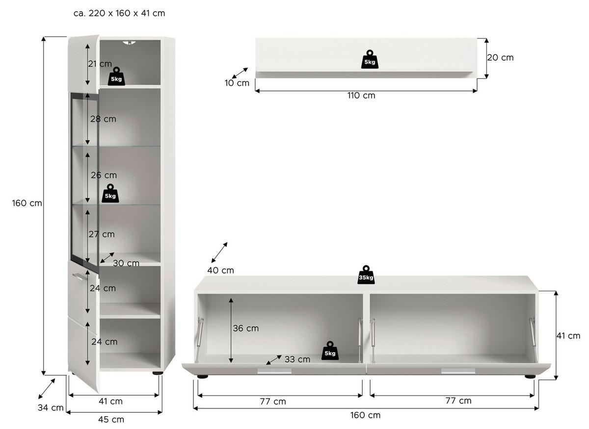 Dnevni Regal Ice, Bela Visok Sijaj, 3-Delni - srebrne barve/črna, Design, umetna masa/steklo (220/160/41cm) - Livetastic
