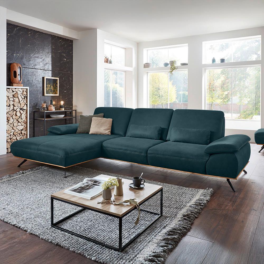 Wohnlandschaft Erling Dunkelblau - Beige/Schwarz, MODERN, Leder/Metall (187/89/322cm) - Premium Living