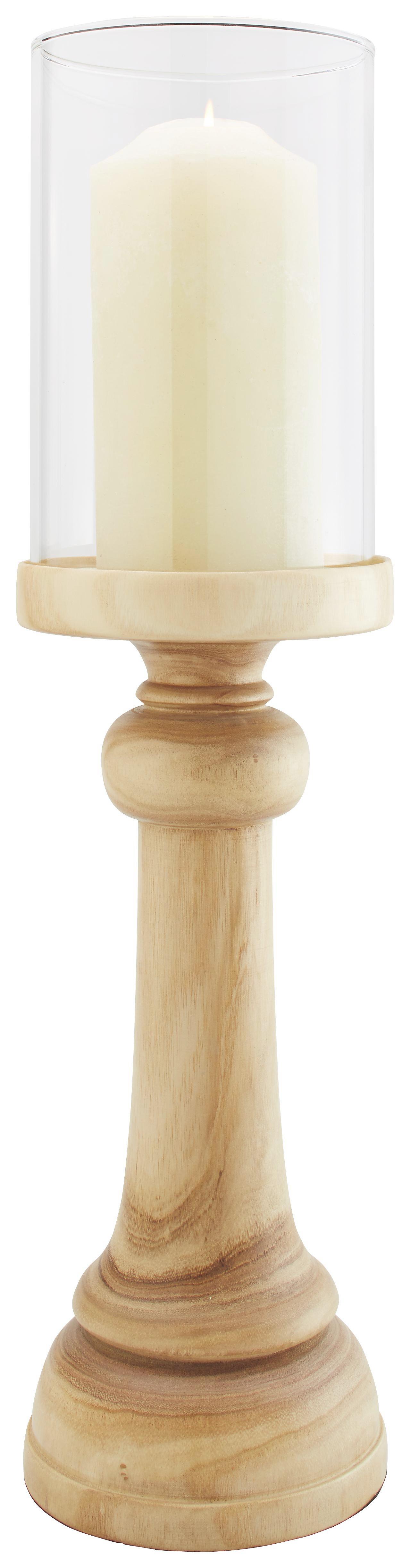 Kerzenhalter in Naturfarben inkl. Glas H: ca. 62,5 cm - Naturfarben, ROMANTIK / LANDHAUS, Glas/Holz (17/62,5cm) - Bessagi Home