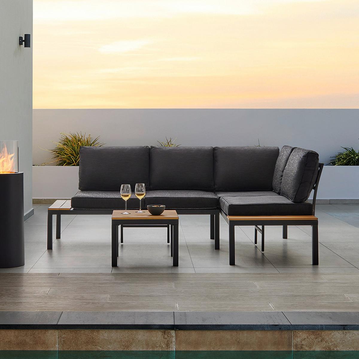 Loungegarnitur-Set Arianna Schwarz Metall/Outdoorstoff - Schwarz, MODERN, Kunststoff/Textil (146/76/75cm) - Bessagi Garden