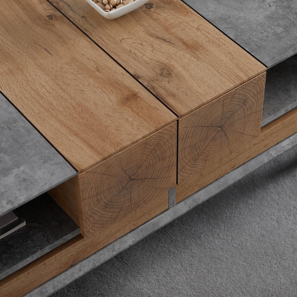 Couchtisch CASPER grau Betonoptik, eichefarben - Eichefarben/Grau, Modern, Holz (120/60/42cm) - Bessagi Home