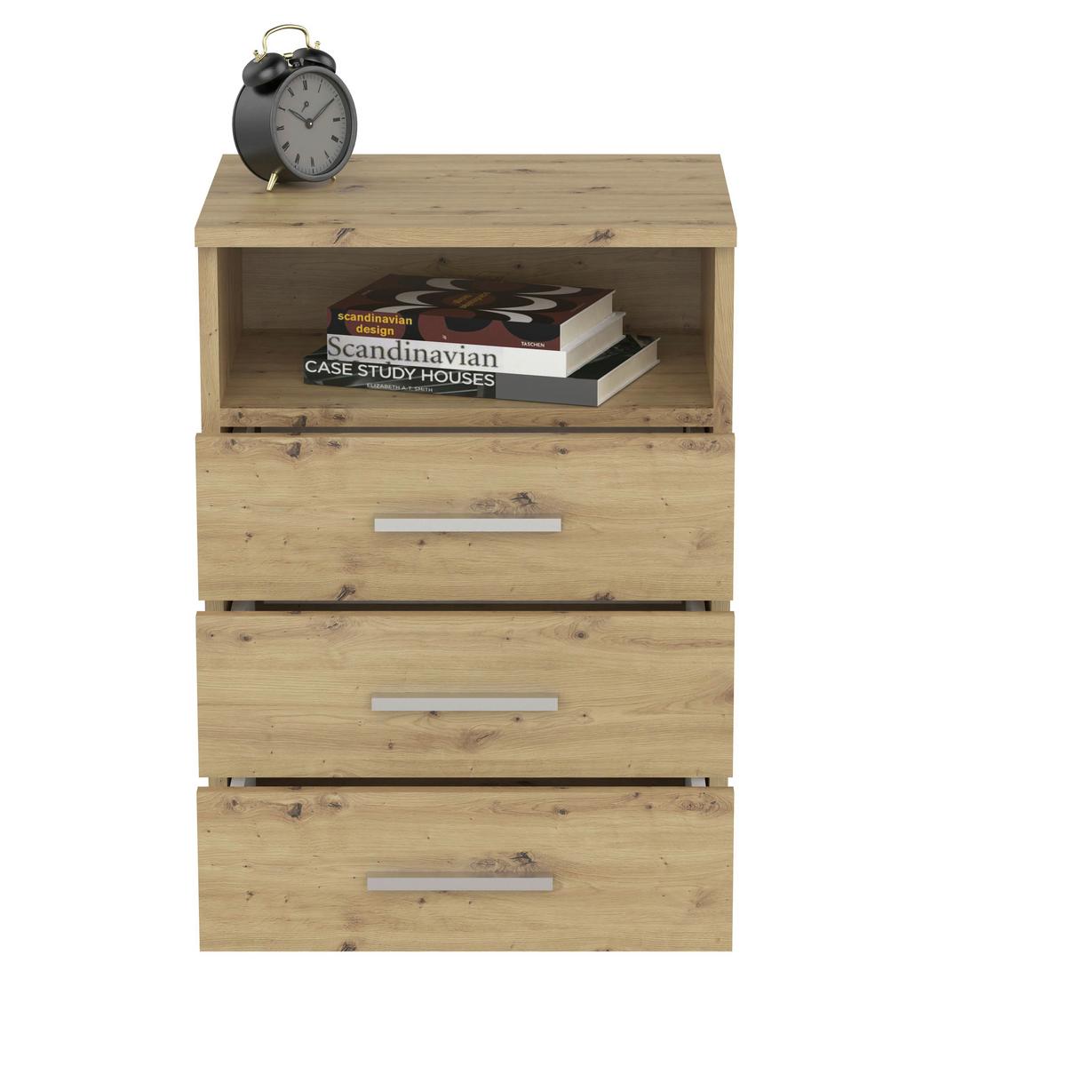SZAFKA NOCNA BASE 3 - kolor dębowy/kolor aluminiowy, Konventionell, materiał drewnopochodny/tworzywo sztuczne (45/62/35cm) - Carryhome