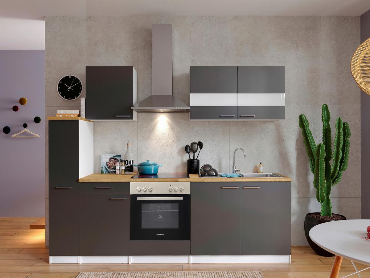 Küchenblock Malia mit Geräten ca. 240 cm Grau - Edelstahlfarben/Nussbaumfarben, Basics, Holzwerkstoff/Metall (240cm) - Respekta