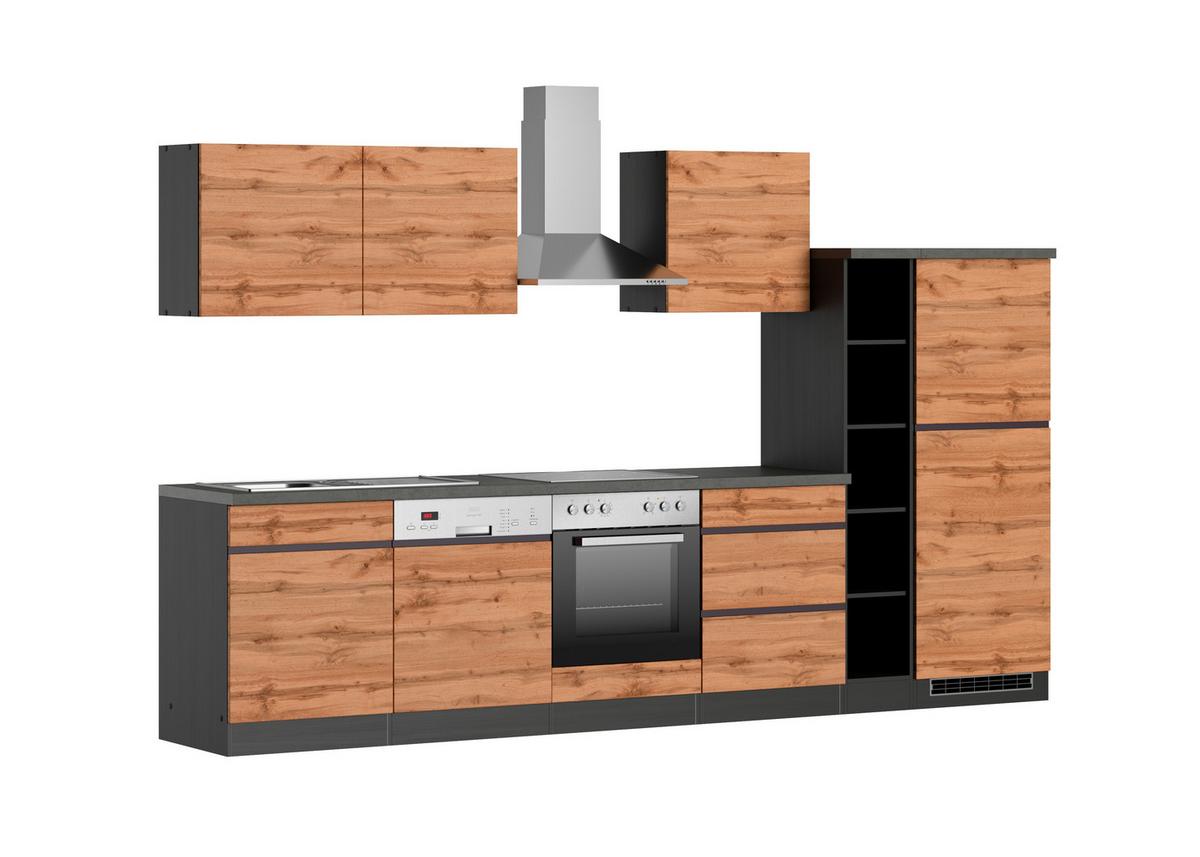 Küchenblock Turin mit Geräten ca. 330 cm Eiche/Grau - Eiche Wotan/Graphitfarben, Design, Holzwerkstoff (330cm) - Held