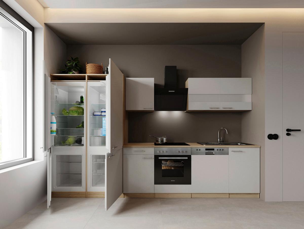 Küchenblock Merle m. Geräten Weiß - Edelstahlfarben/Eichefarben, Trend, Holzwerkstoff/Metall (340cm) - Respekta