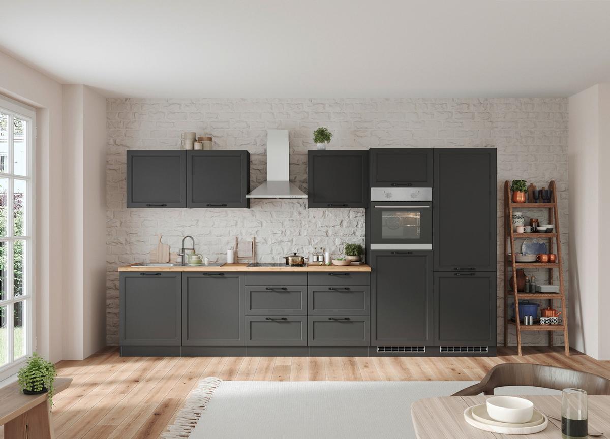 Küchenzeile Meran mit Geräten ca. 360 cm Grau/Eiche Dekor - Eiche Wotan/Schwarz, LIFESTYLE, Holzwerkstoff/Metall (360cm) - Held