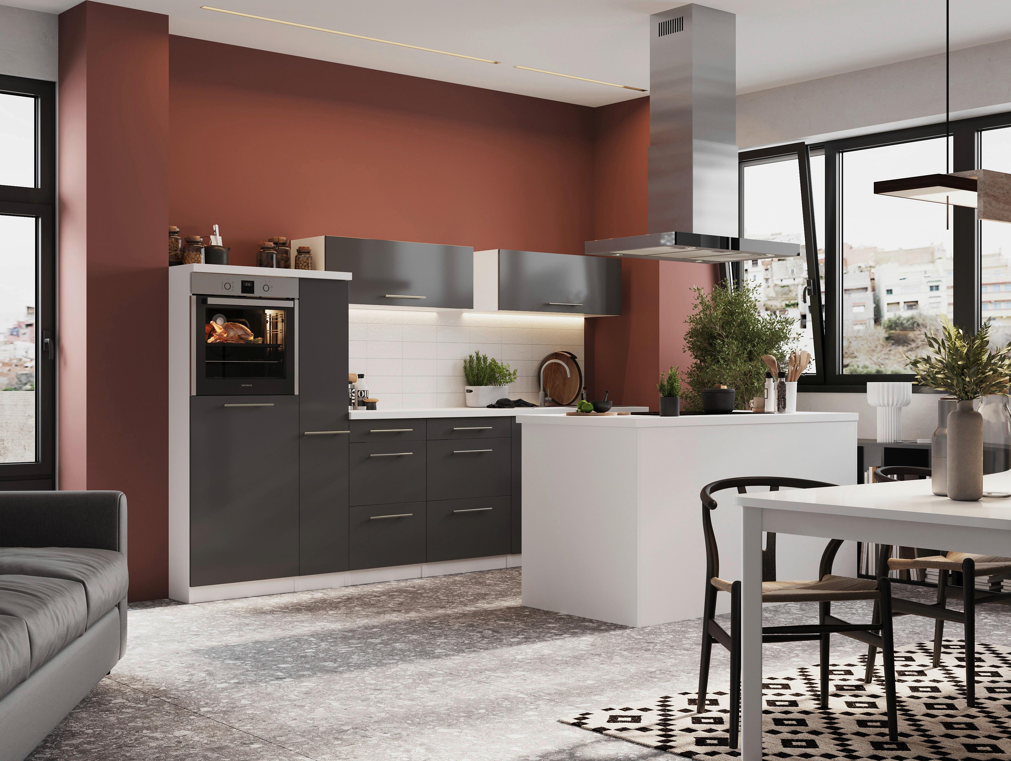 Inselküche Premium Grau m. Geräten B: ca. 310 cm - Alufarben/Weiß, MODERN, Naturmaterialien/Holzwerkstoff (310/160cm) - Respekta