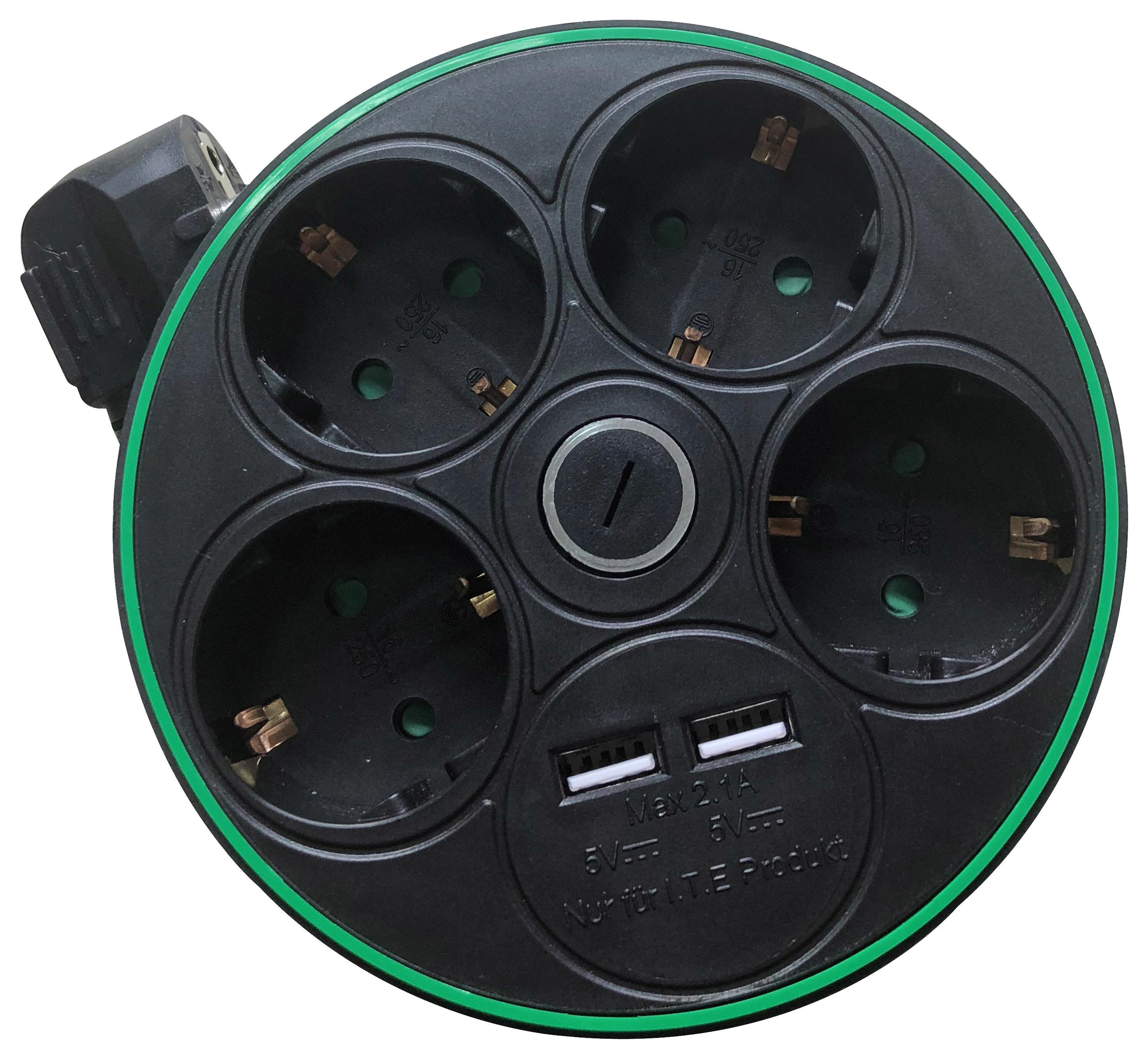 Kabeltrommel Jake Grün/Schwarz ca.  1,4m - Schwarz/Grün, Kunststoff (13/13/5,6cm) - Modern Living