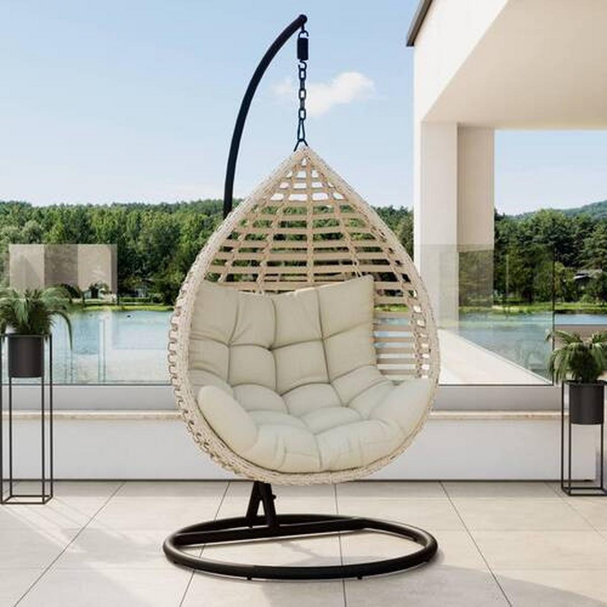 Hängesessel Nancy Creme Metall/Kunststoff/Outdoorstoff - Dunkelgrau/Creme, MODERN, Kunststoff/Textil (105/196/120cm) - Bessagi Garden