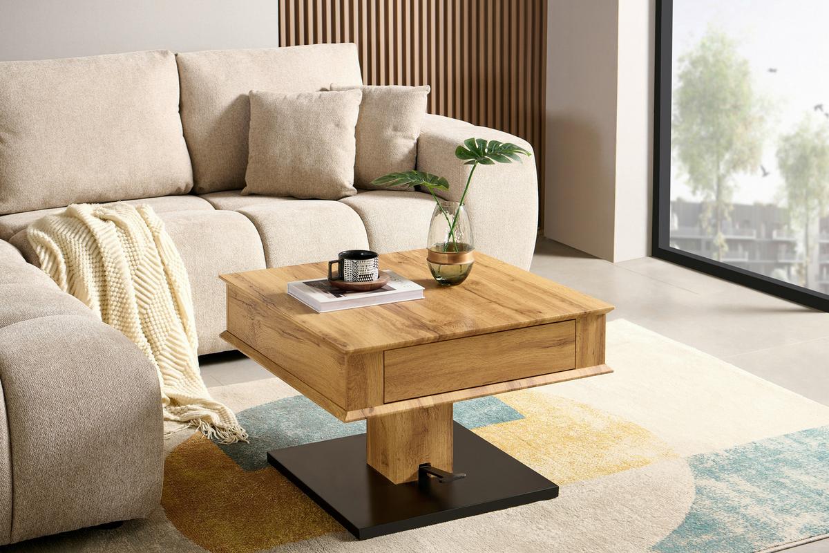 STOLIK KAWOWY RAJANA - kolor dębowy/czarny, Design, materiał drewnopochodny/metal (70/70/46,5-66cm) - Carryhome