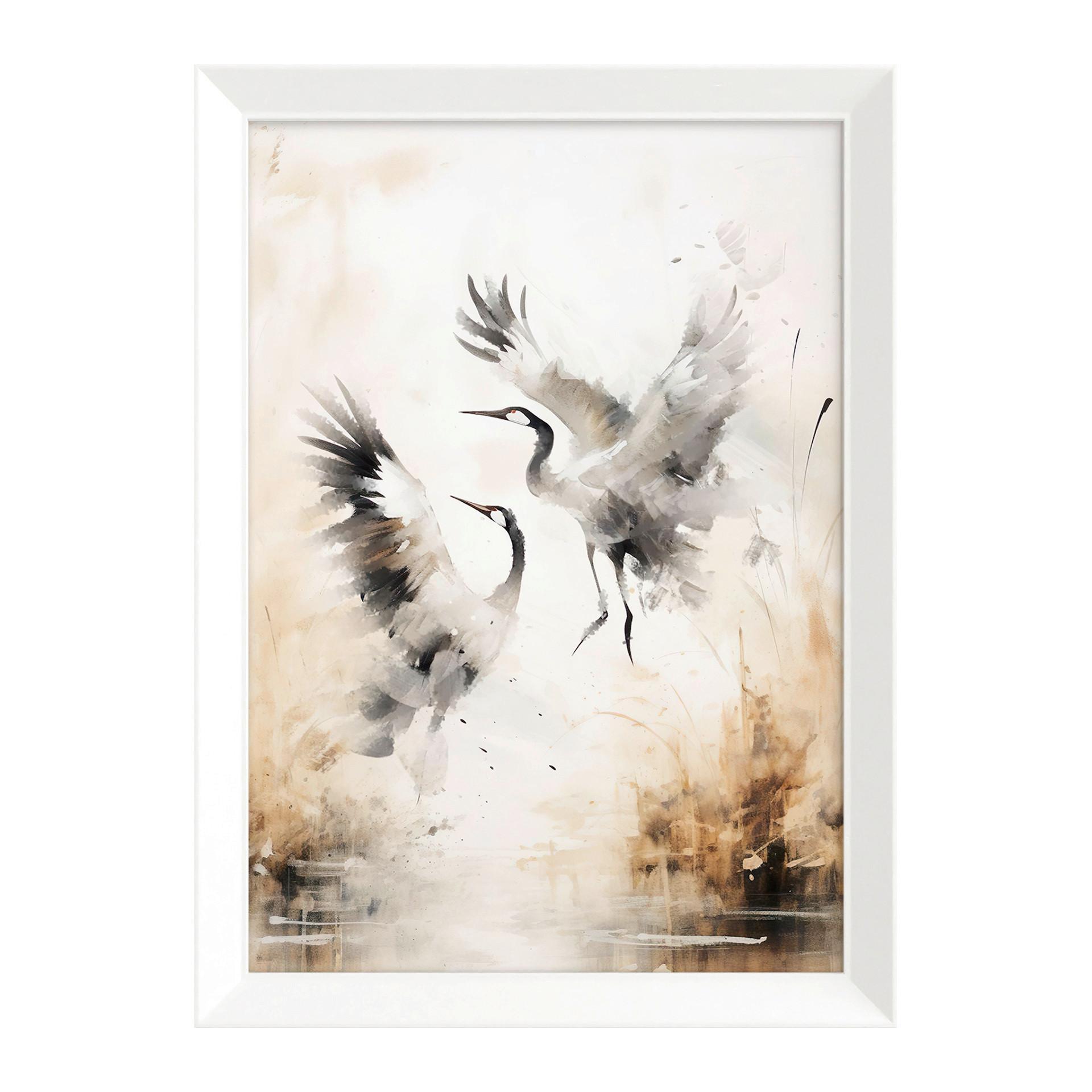 Druckgrafik Cranes Weiß/Beige ca. 75x56cm - Beige/Weiß, Basics, Holz/Papier (75/56/3cm)