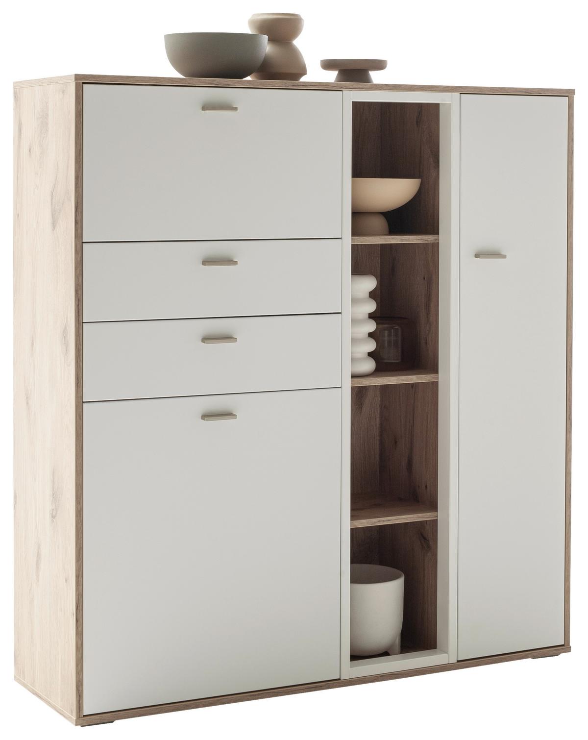 Highboard Santerno Weiß/Eichefarben - Weiss/Eichefarben, Konventionell, Holzwerkstoff/Metall (124/133/37cm) - Mömax