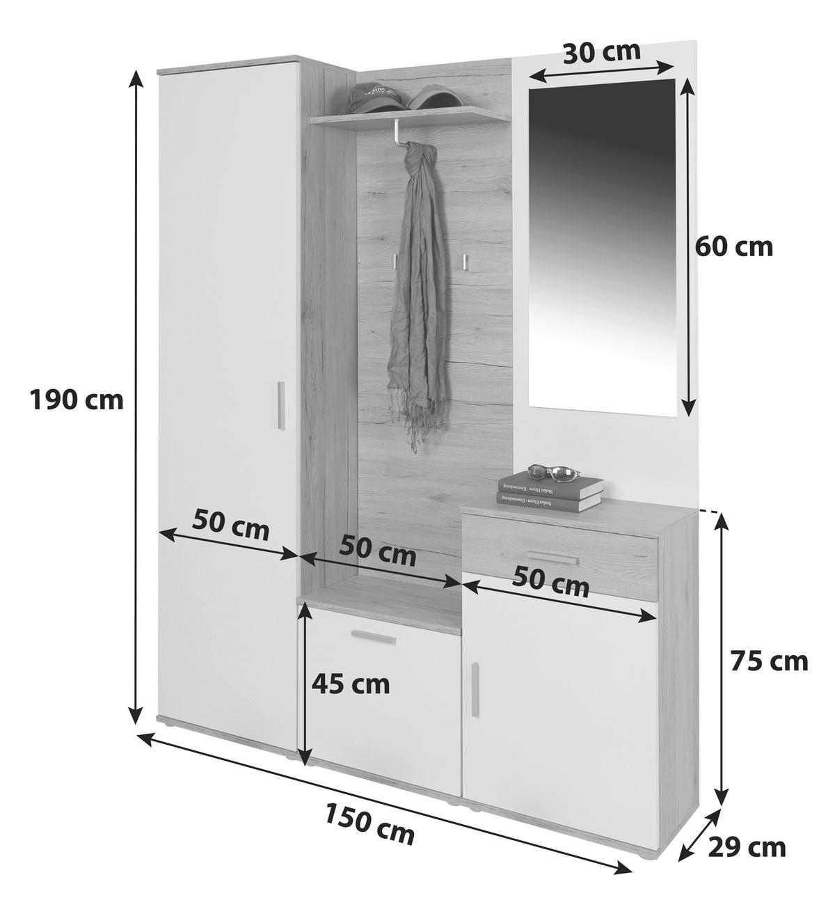 Predsoblje Mia - bijela/boje hrasta, Moderno, staklo/drvni materijal (150/190/29cm) - Modern Living