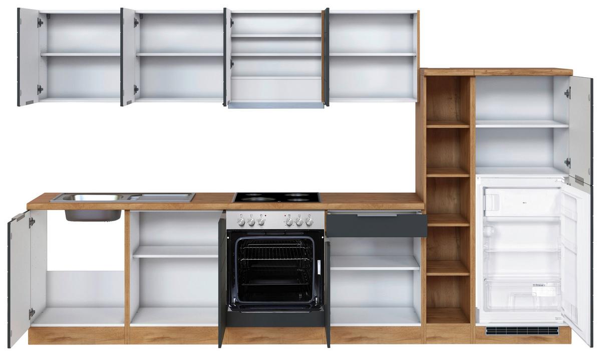 Küchenblock Florenz mit Geräten ca. 330 cm Grau/Eiche - Eiche Wotan/Grau, Design, Holzwerkstoff/Metall (330cm) - Held