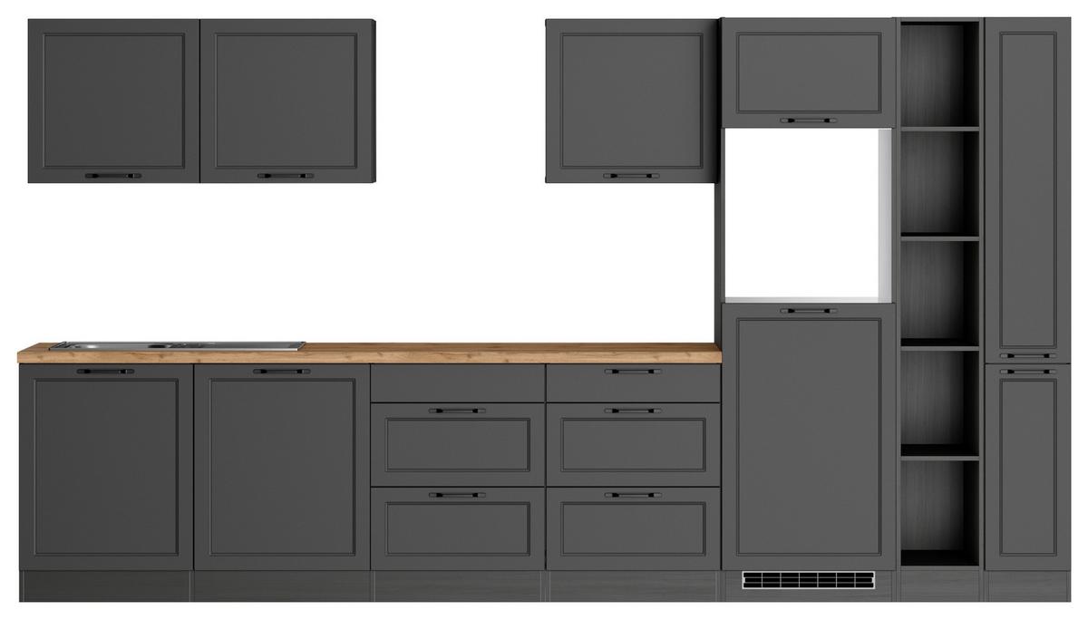 Küchenzeile Meran ohne Geräte ca. 360 cm Grau/Eiche Dekor - Eiche Wotan/Schwarz, LIFESTYLE, Holzwerkstoff/Metall (360cm) - Held