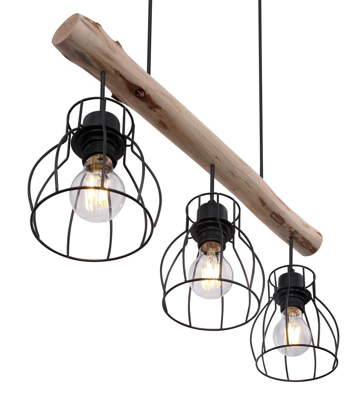 Hängeleuchte Mina Schwarz/Natur max. 25 Watt - Schwarz/Naturfarben, Natur, Holz/Metall (60/13,6/140cm) - Globo