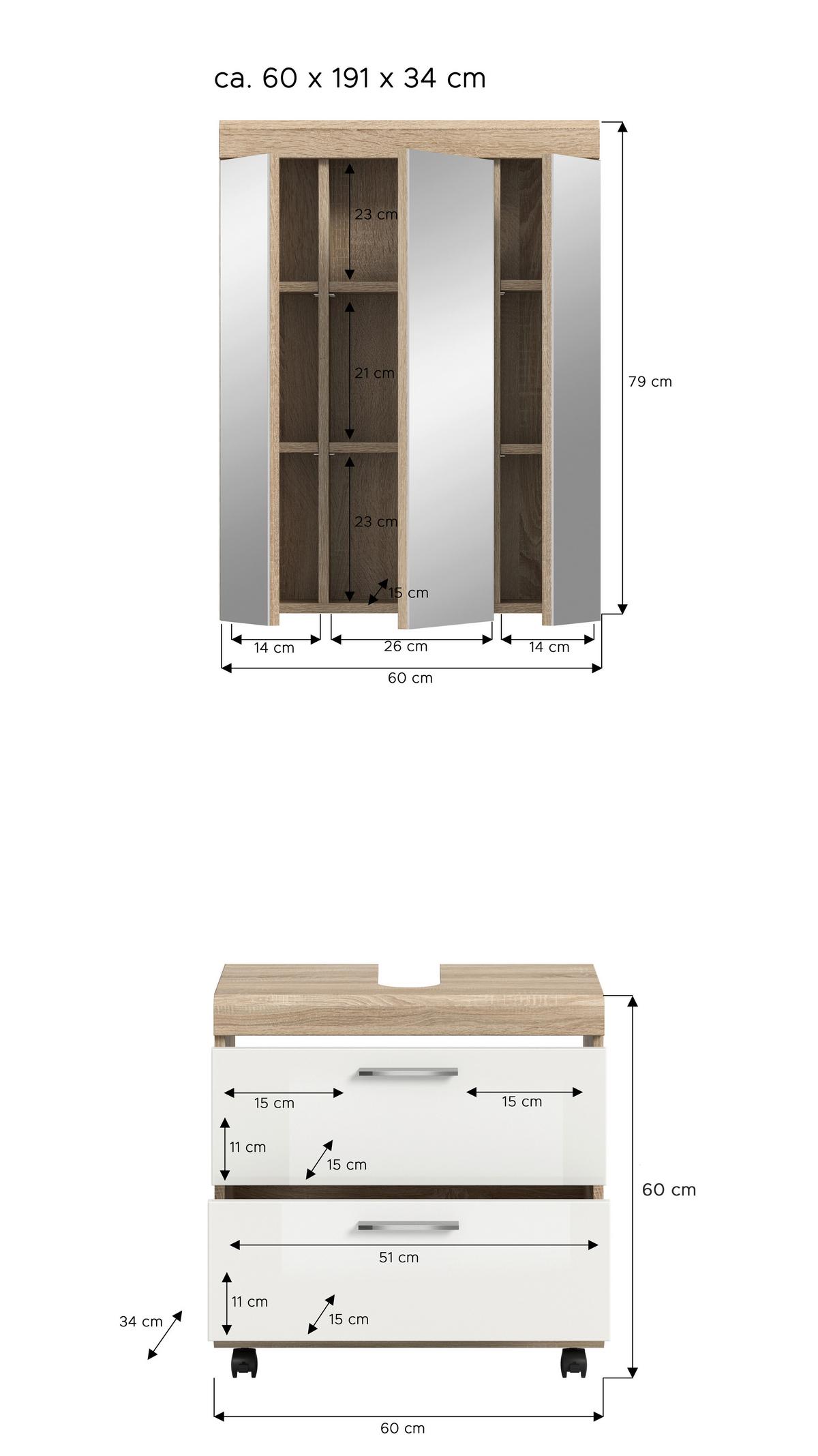 Badezimmer Lambada Sonoma Eiche/Weiß HG 2-teilig - Weiß Hochglanz/Silberfarben, Trend, Glas/Holzwerkstoff (60cm) - MID.YOU
