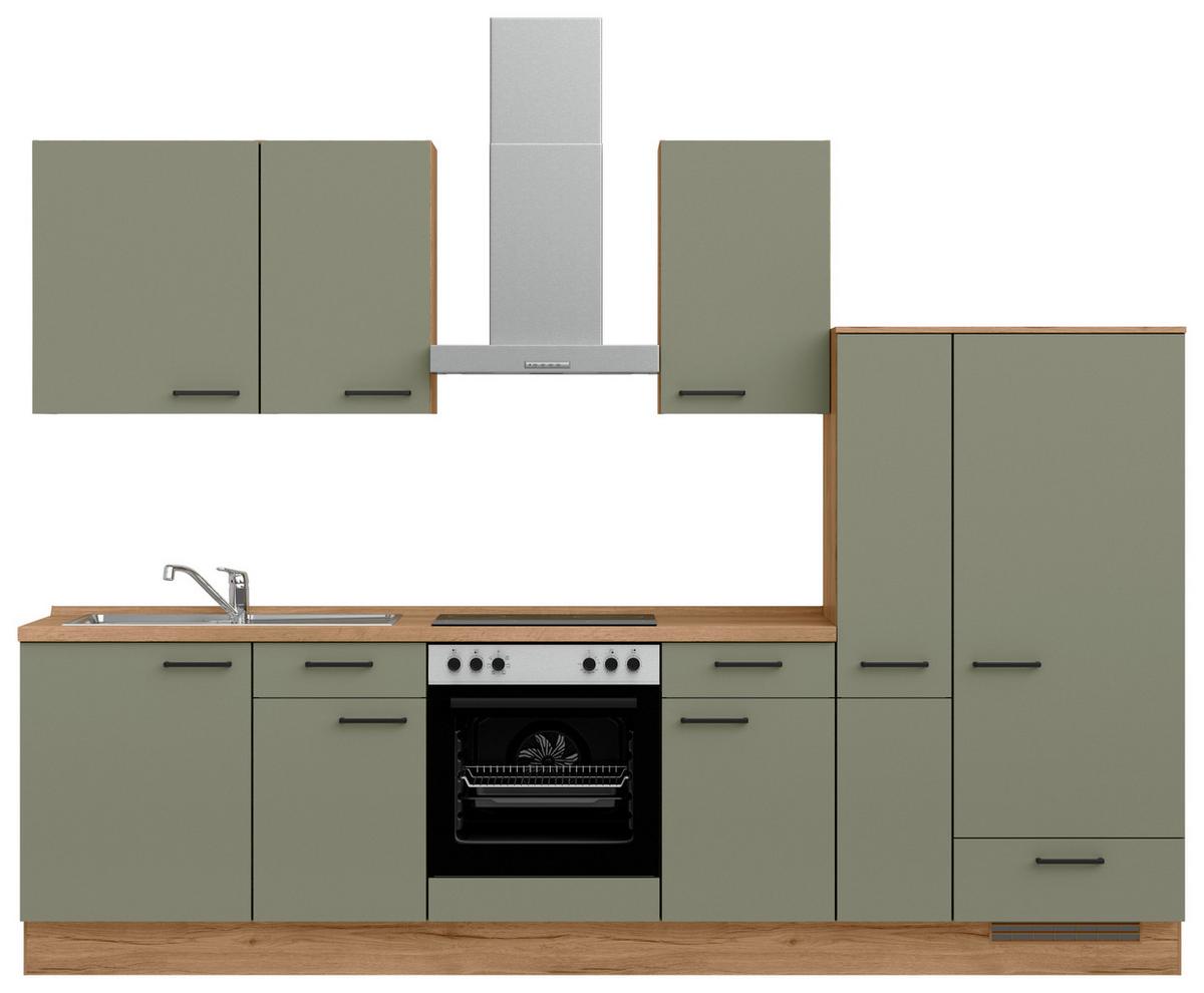 Küchenleerblock Senso Low o. Geräte Olivgrün - Eichefarben/Schwarz, MODERN, Holzwerkstoff/Metall (300cm) - Nobilia