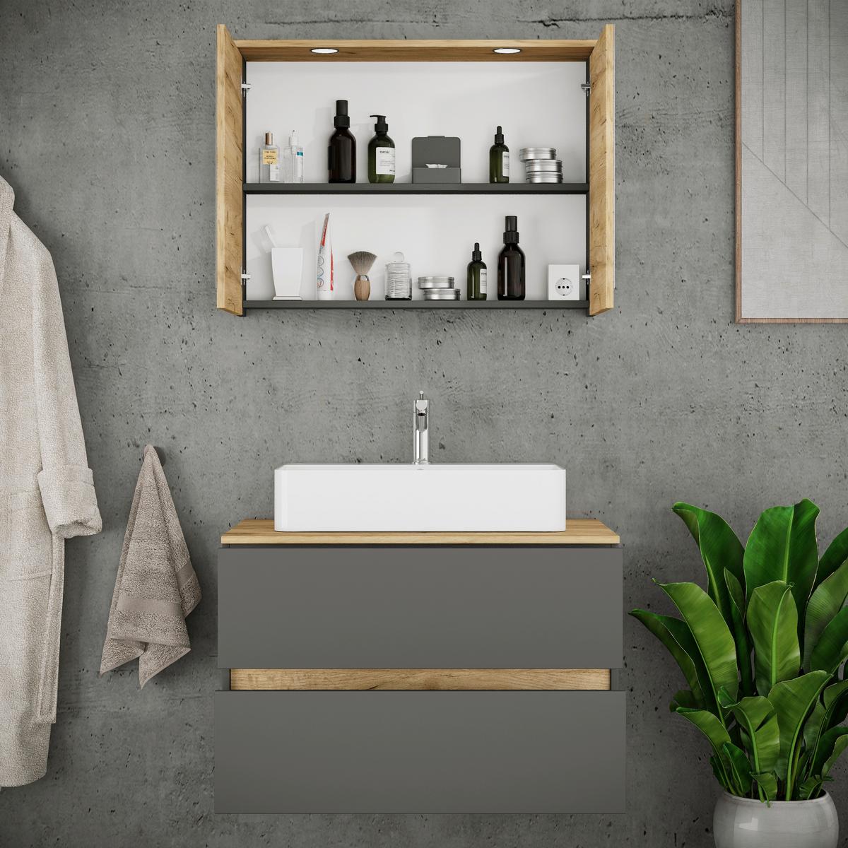 Badezimmer Cosila - Honigeiche/Weiss, Trend, Keramik/Holzwerkstoff (80cm) - MID.YOU