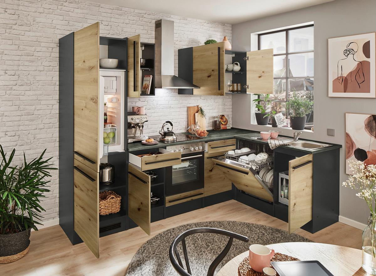 Eckküche Jazz mit Geräten ca.280x175cm Eiche/Anthrazit - Anthrazit/Schwarz, LIFESTYLE, Holzwerkstoff/Kunststoff (280/175cm) - P & B
