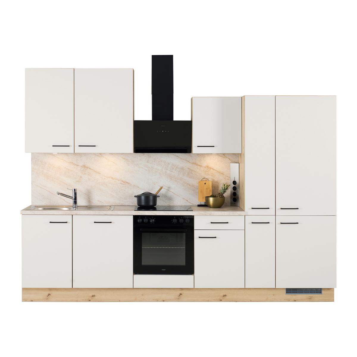 Küchenblock IP1200 o. Geräte Weiß/Eiche - Eichefarben/Schwarz, MODERN, Holzwerkstoff/Metall (310cm) - Impuls