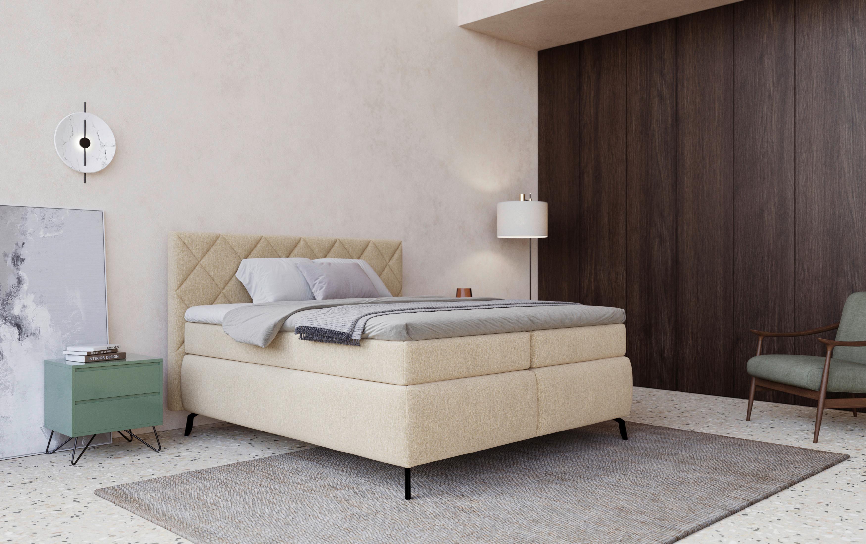 Boxspring Ágy Emily - homok, Modern, faalapú anyag/textil (180/200cm)