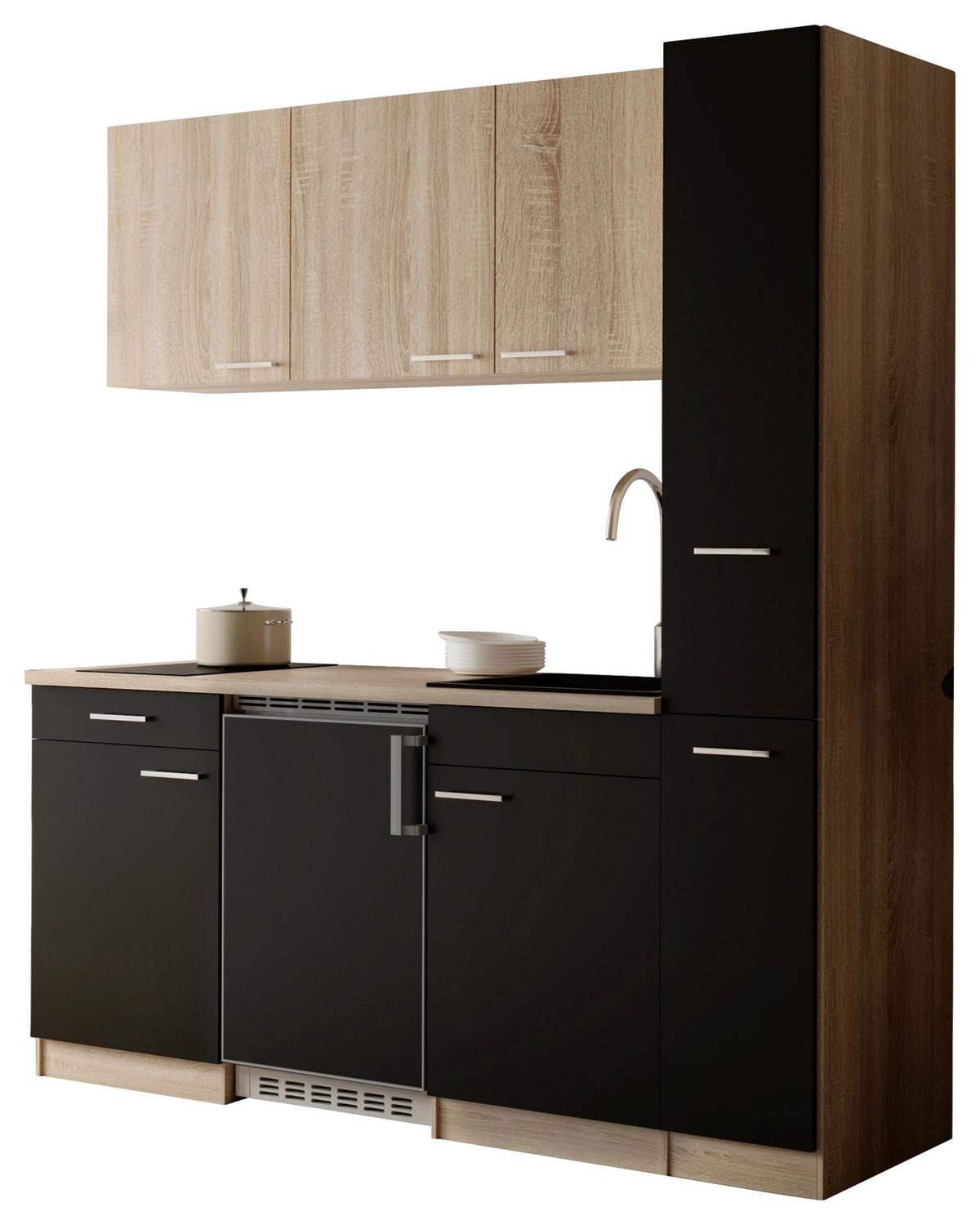 Küchenblock Ingrid m. Geräten Schwarz - Eichefarben/Schwarz, Design, Holzwerkstoff/Kunststoff (180cm) - Respekta