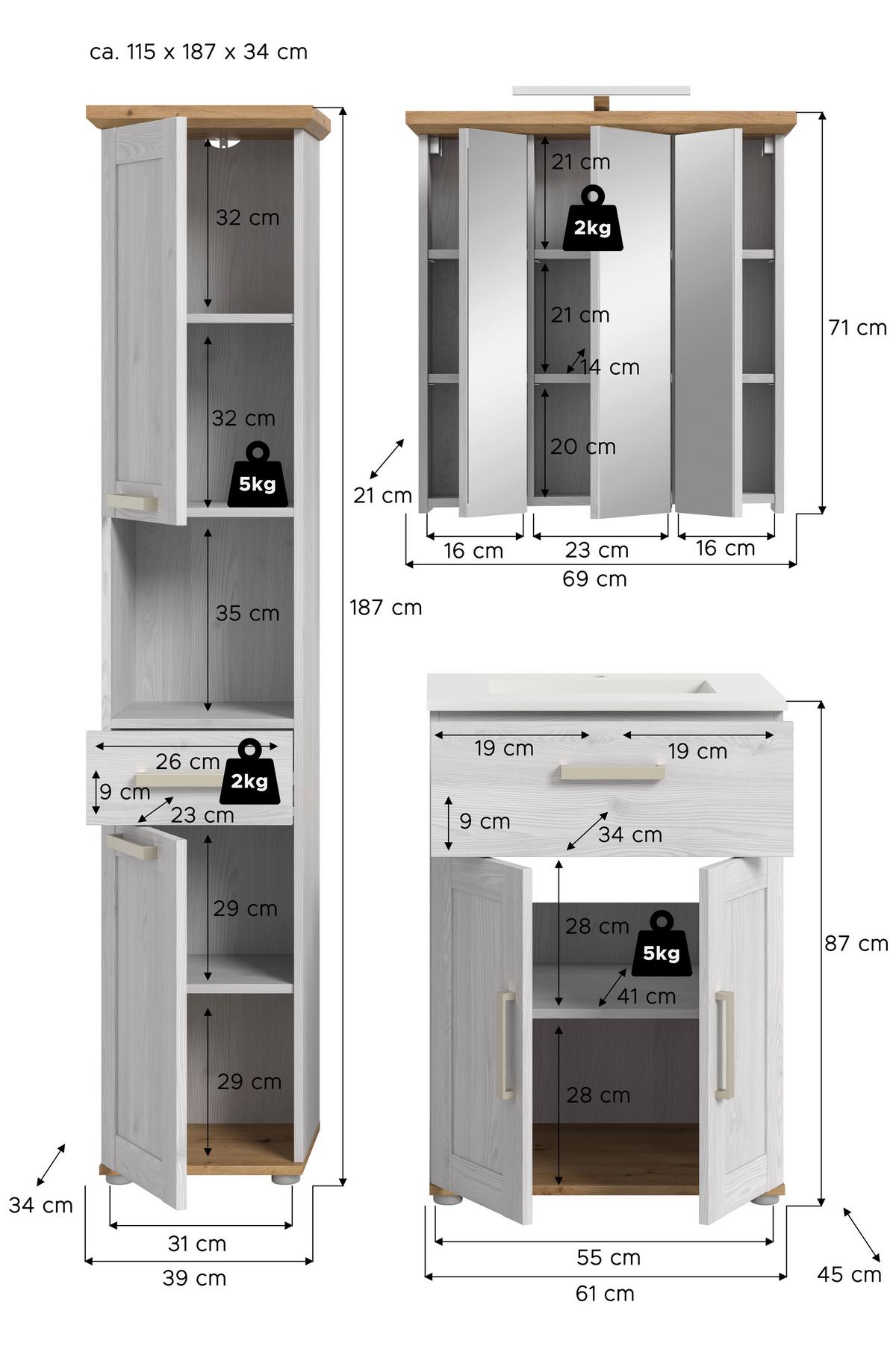 Badezimmer Verona Lärchenfarben/Eiche Artisan - Silberfarben/Lärchefarben, Trend, Glas/Keramik (108cm) - MID.YOU