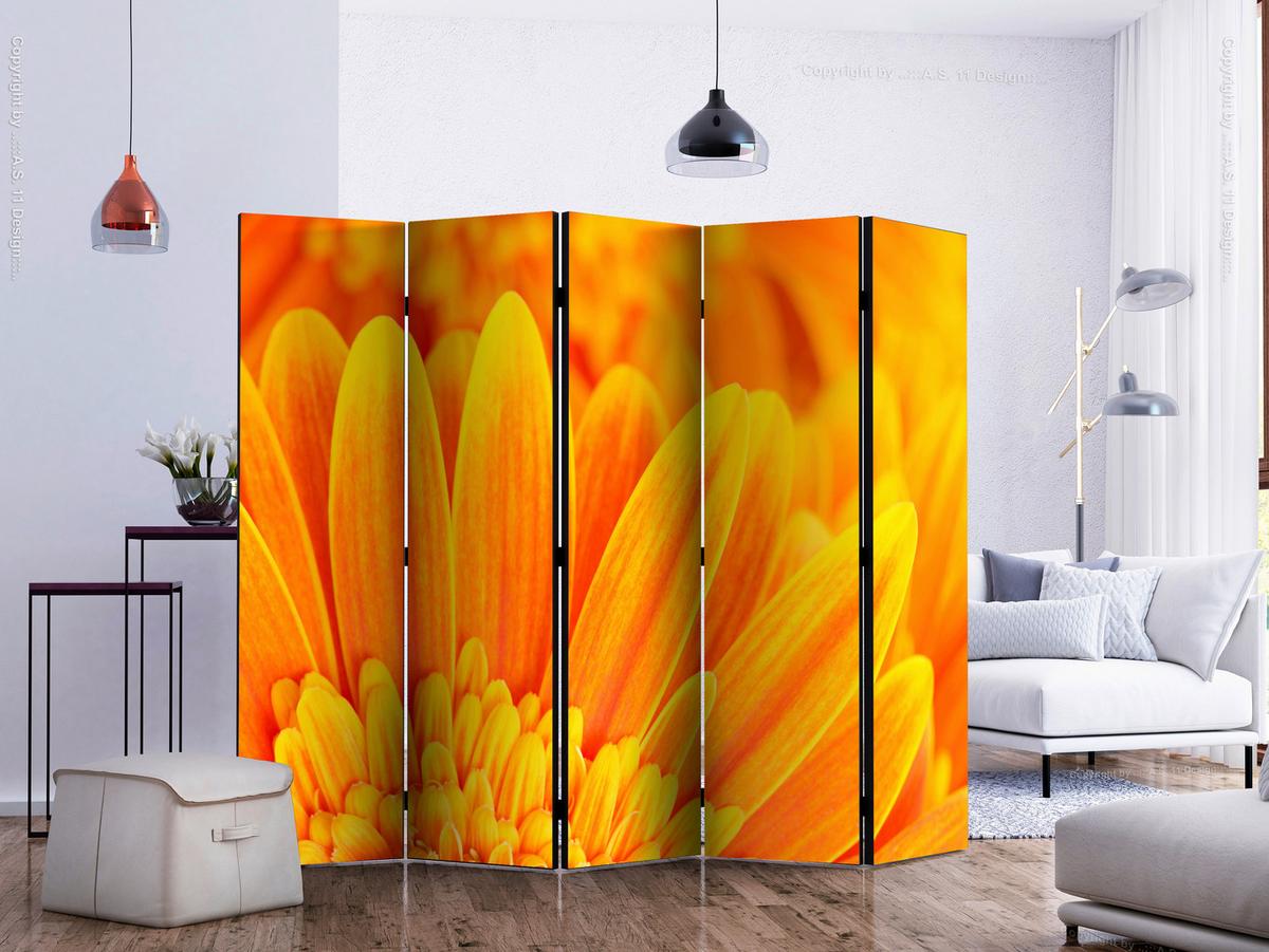 Paravan Yellow Gerbera Daisies I, 5-Delni, Dvostranski - rumena/oranžna, Basics, tekstil/les (225/172/3cm) - artgeist