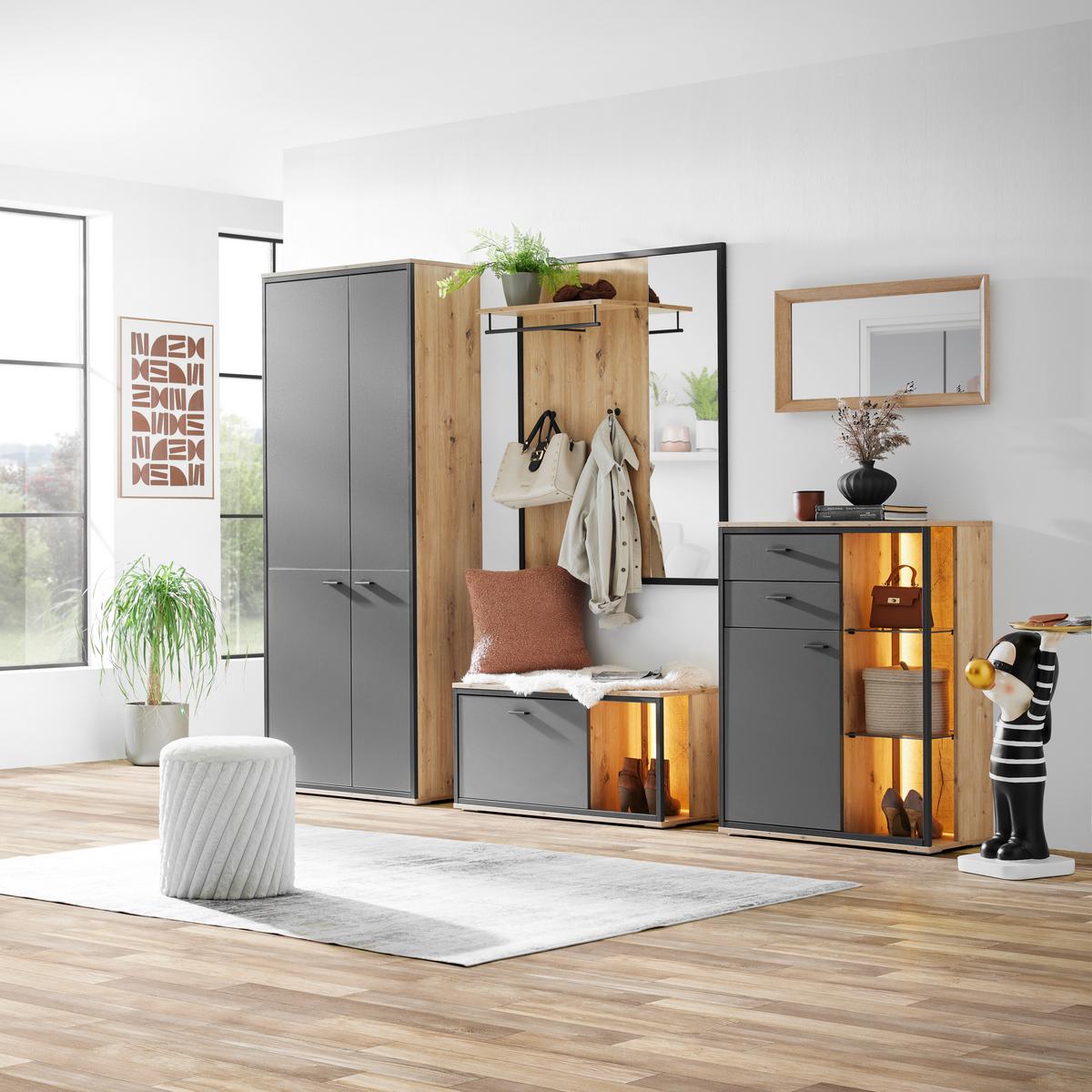 Garderobenschrank Florenz Grau/Eiche Artisan - Schwarz/Eiche Artisan, Modern, Holzwerkstoff/Kunststoff (79/196,2/37,3cm) - Premium Living
