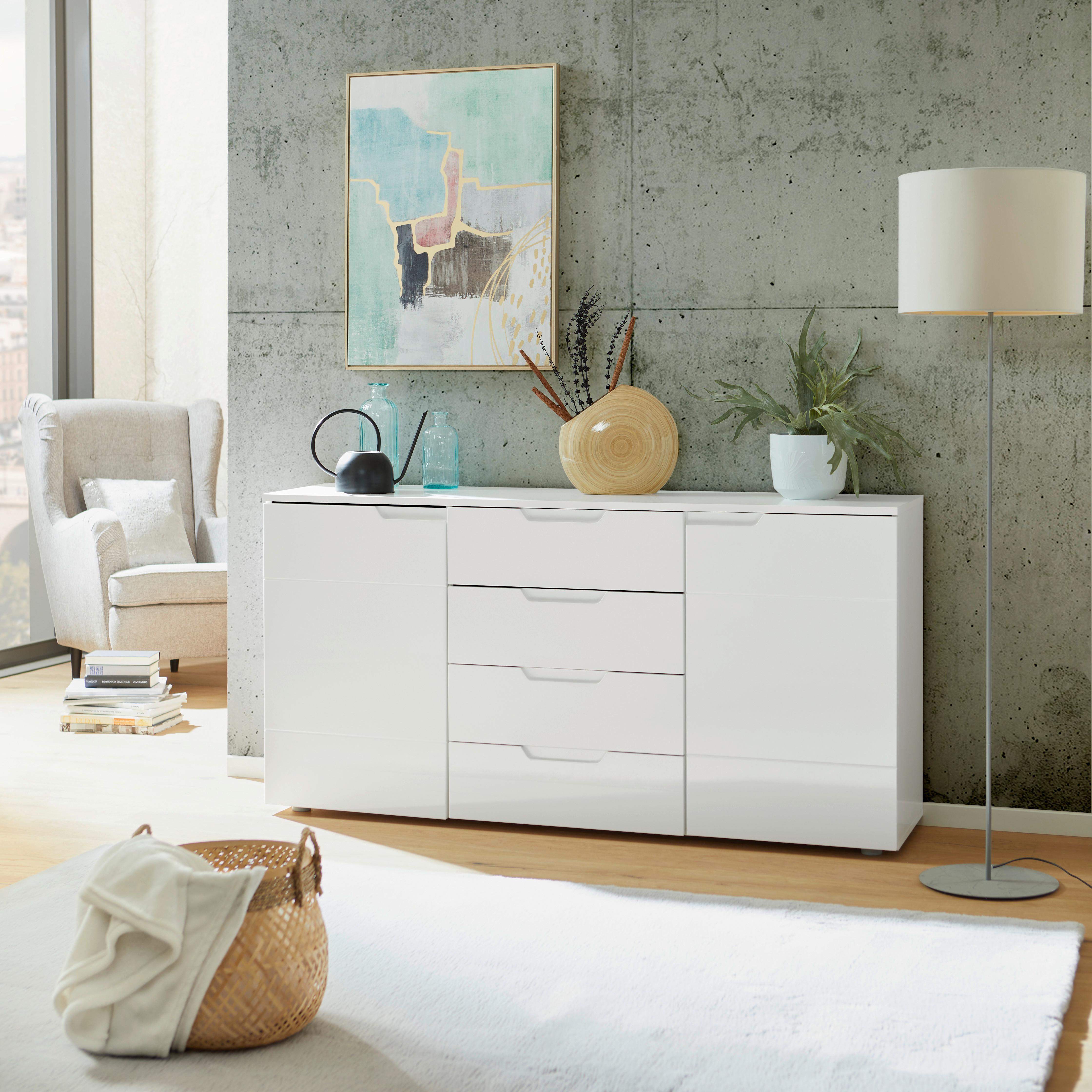Comodă HILTON - alb/alb lucios intens, Modern, material pe bază de lemn (160/81,4/40cm) - Modern Living