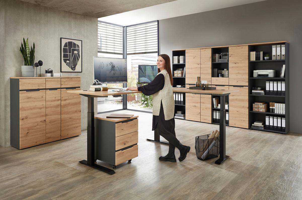 Sarokíróasztal Memphis - grafitszürke/Artisan tölgy, Modern, faalapú anyag/fém (185/177cm) - Premium Living
