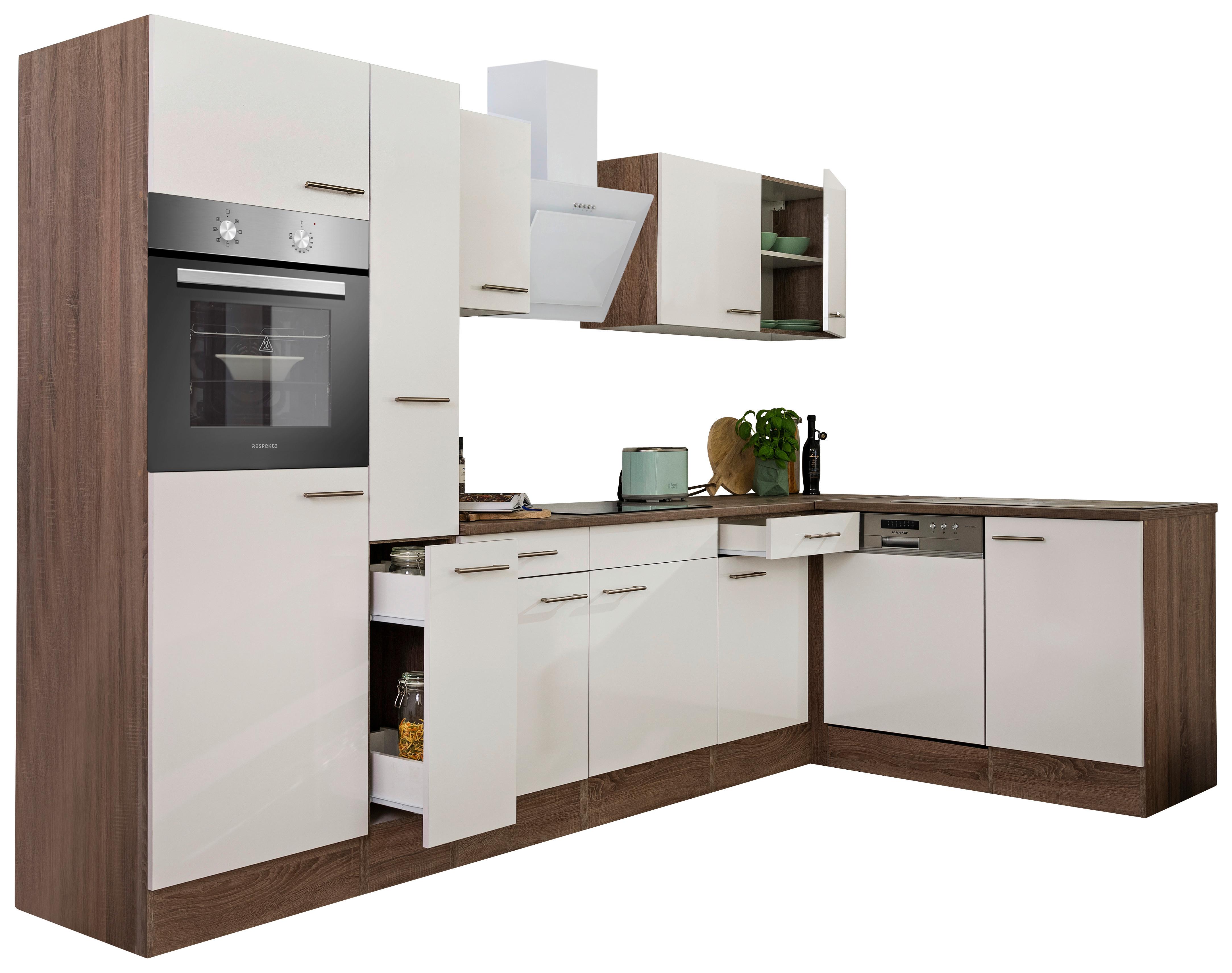 Eckküche Oliver mit Geräten ca. 310x172 cm Weiß - Eichefarben/Weiß, Basics, Holzwerkstoff/Metall (310/172cm) - Respekta